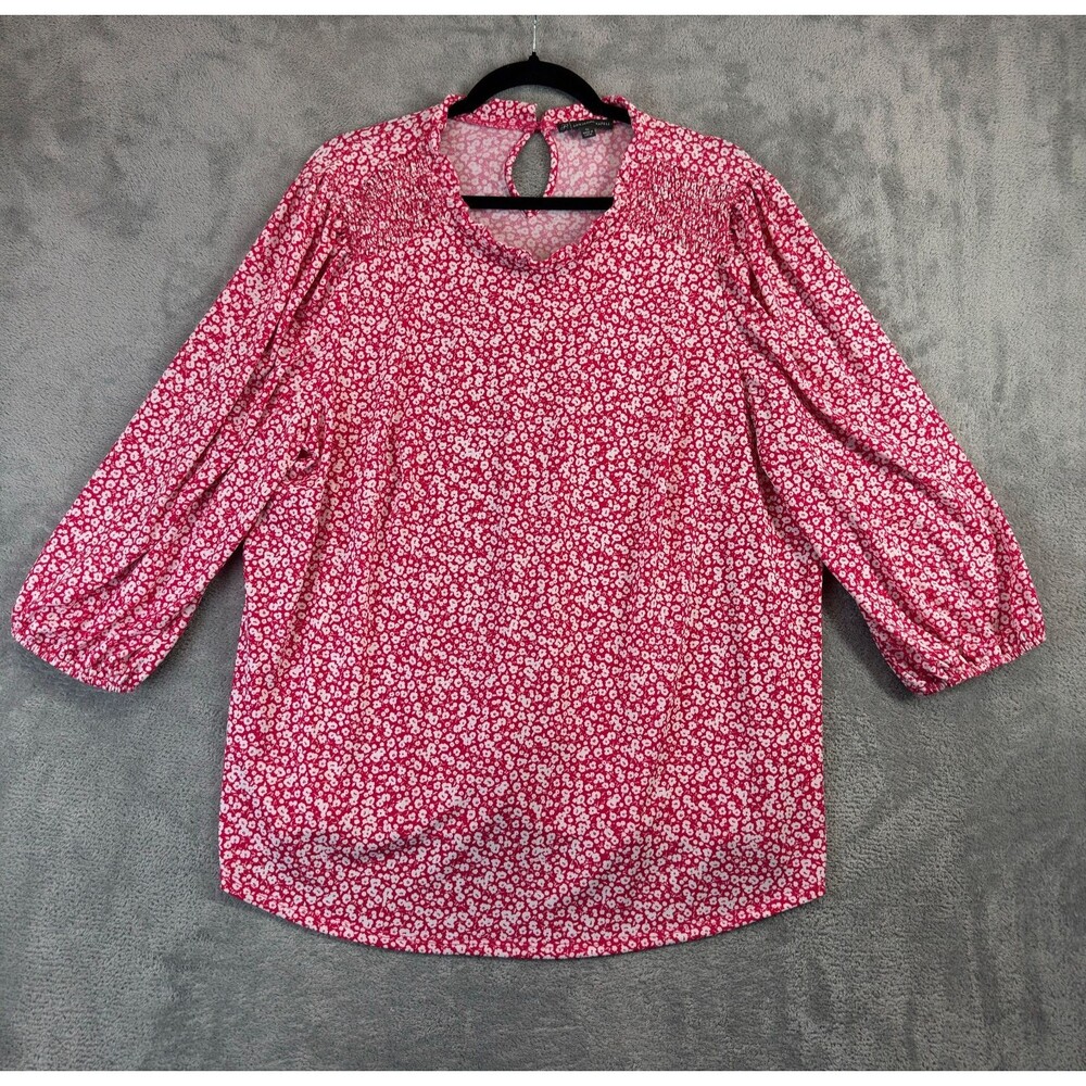 Adrianna Papell Top Women 1X Red White Floral Crew Neck 3/4 Sleeve Blouse Summer
